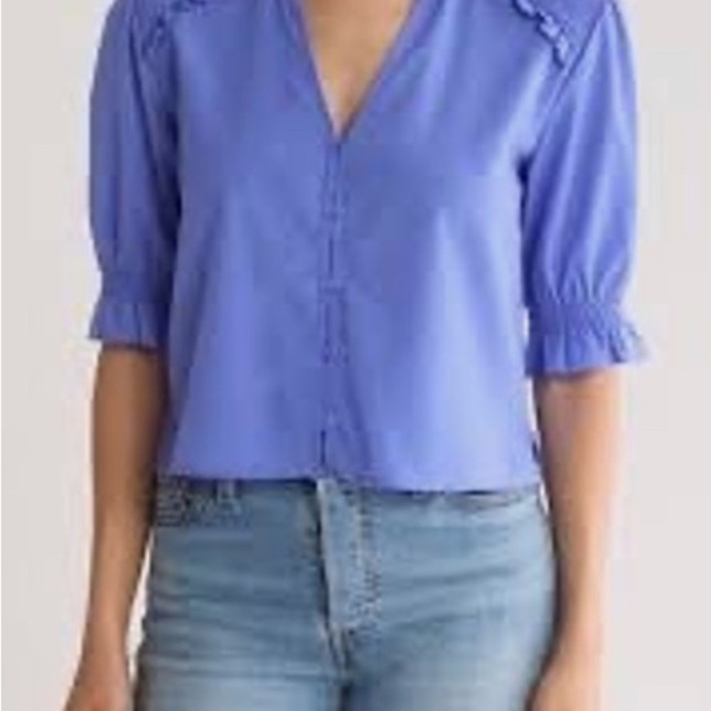French Connection Blue Puff Sleeve Blouse with Notched Collar